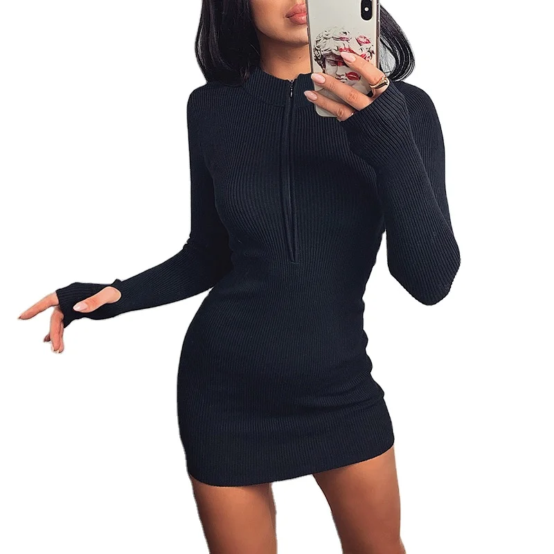 New Ladies Elegant Midi Casual Dresses Long-Sleeved Zipper Up Slim Fit Bodycon Black Ribbed Sexy Mini Dress Women