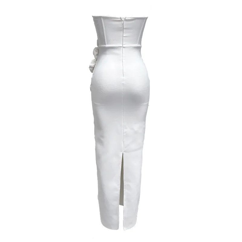White tube top flower elastic tight sexy party gathering celebrity bandage maxi dress evening dress