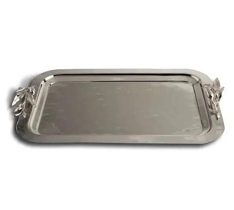 High quality New modern style Rectangular Steel Serving Tray with Leaf Design brass handle for Table top Home & MultiPurpose use