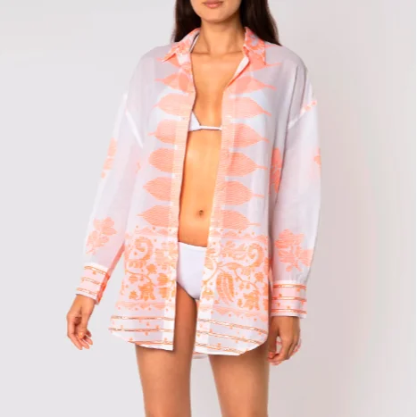 2023 Summer Custom Ladies Shirt & Blouse With Orange Dhaka Print Women 100% Cotton Vibrant Chic Beach Coverup Dress