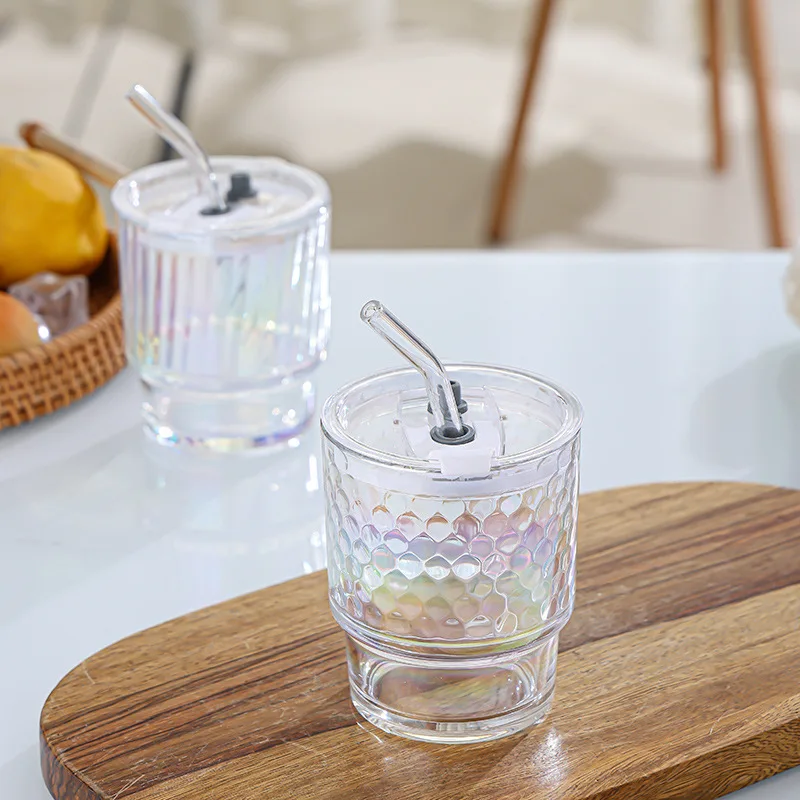 High value with lid laser colorful glass straw cup net red bamboo festival cup glazed glass