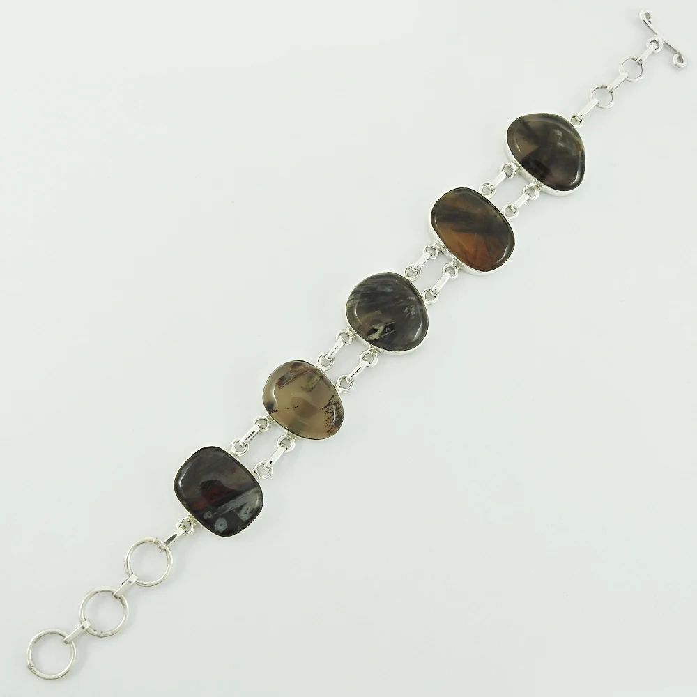 Natural Turkish Agate Gemstone 925 Sterling Silver Cabochon Shape Bracelet Latest Trendy Design Bohemian Handmade Jewelry India