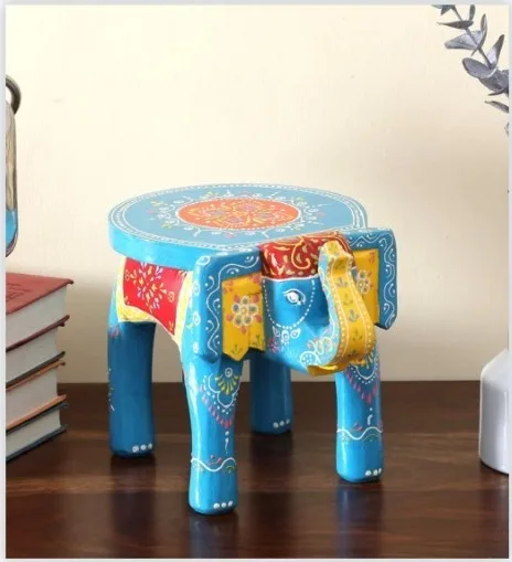 Rajasthani Hand Painted Traditional Design Jaipuri Craft Wooden Decorative Rajasthani Hand Painted Elephant Stool