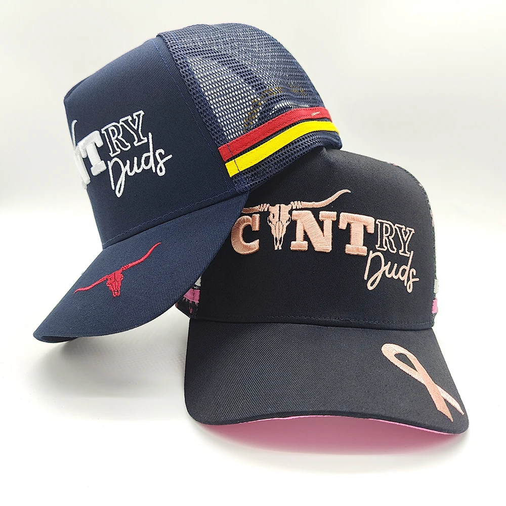 Oem High Quality Custom Logo 3d Embroidered  Mesh Unisex 5 Panel Sport Cap 2 Stripes Side Striped Trucker Hat Embroidery