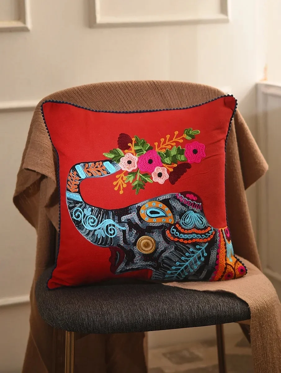 Indian Luxury Home Hand Embroidered Floral Pillow Cushion Cover Sky Blue Cotton Silk Living Room Hotel-Wholesale Home Decor Red