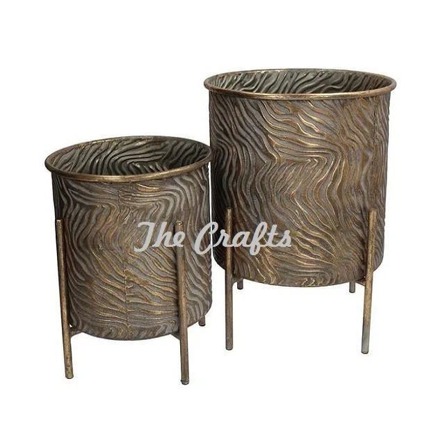 Marvelous Design Metal Galvanized Flower Pot Planter With Black Iron Stand Decorative Plater At Competitive Prices