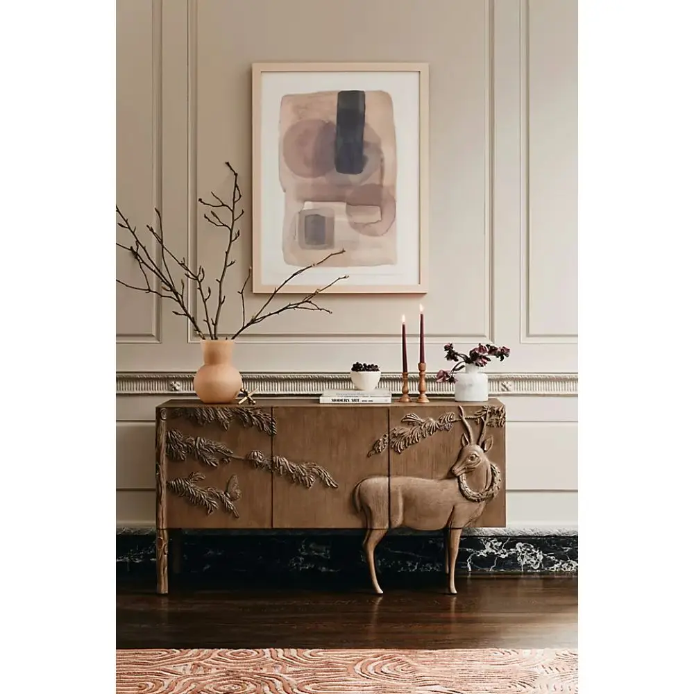 modern luxury vintage antique royal living room wooden carved handmade bird and trees hand carved land sky cabinet sideboard MAH