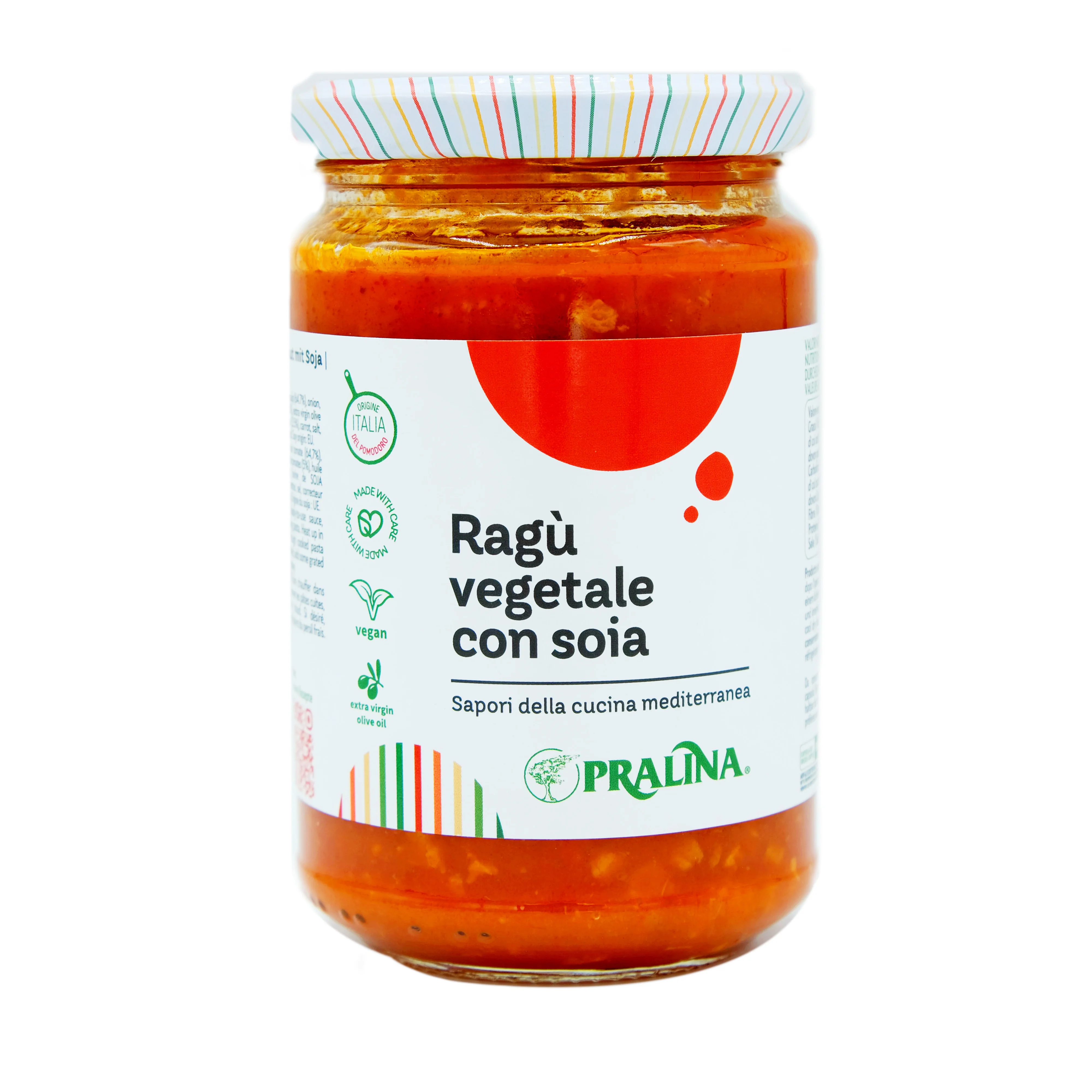 Made in Italy top quality food products tomato sauce with pieces of soy for pasta meals ready to eat