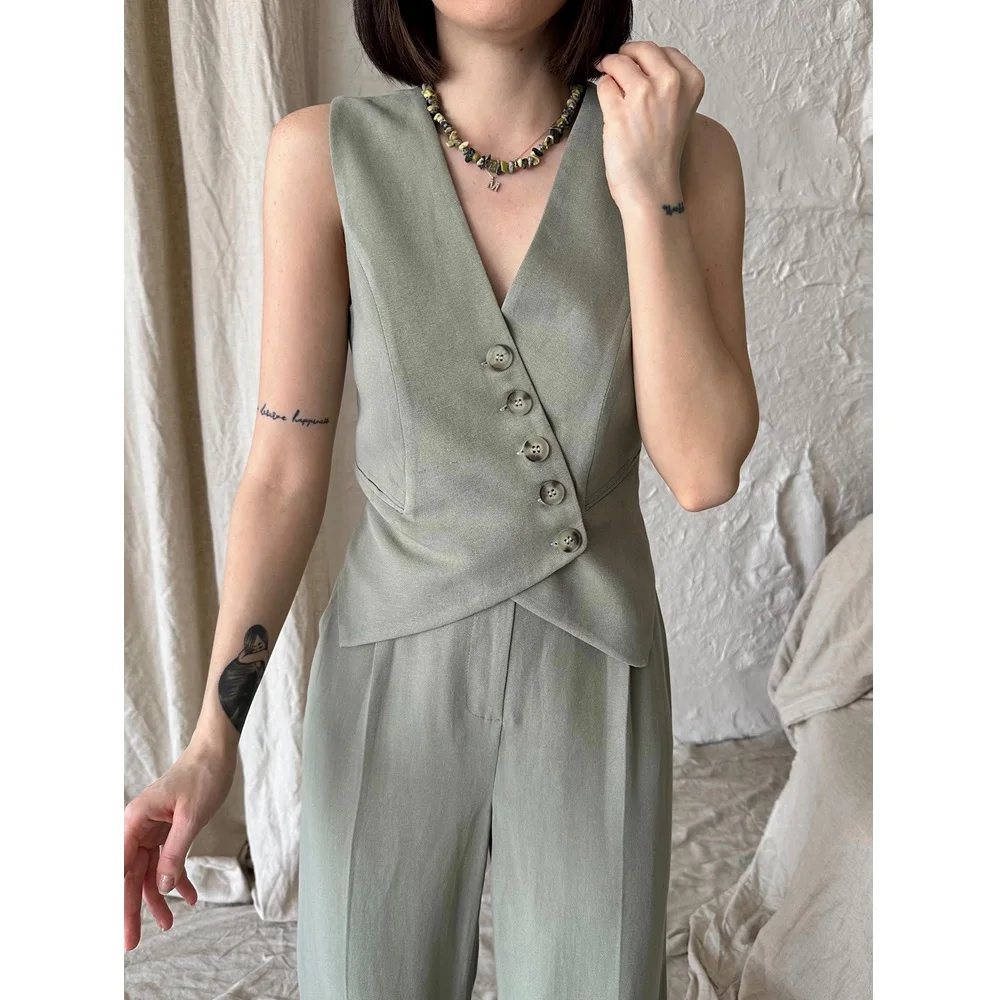 Khaki 100% Cotton Cross-Button Vest and Pants Set