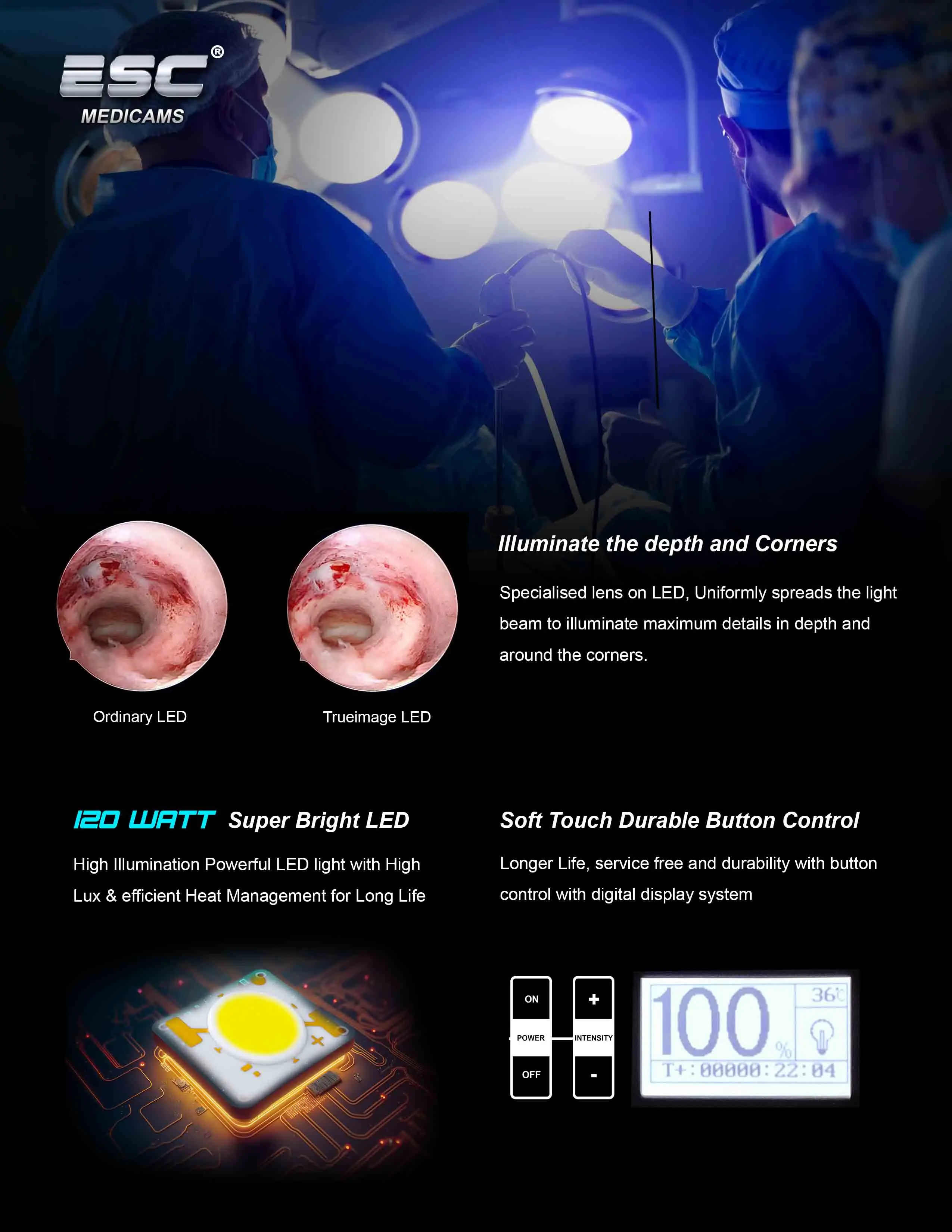 Endoscope Medical Portable Cold LED Light Source 120W for Endoscopy Laparoscopy with Storz-type Fiber Optic Cable