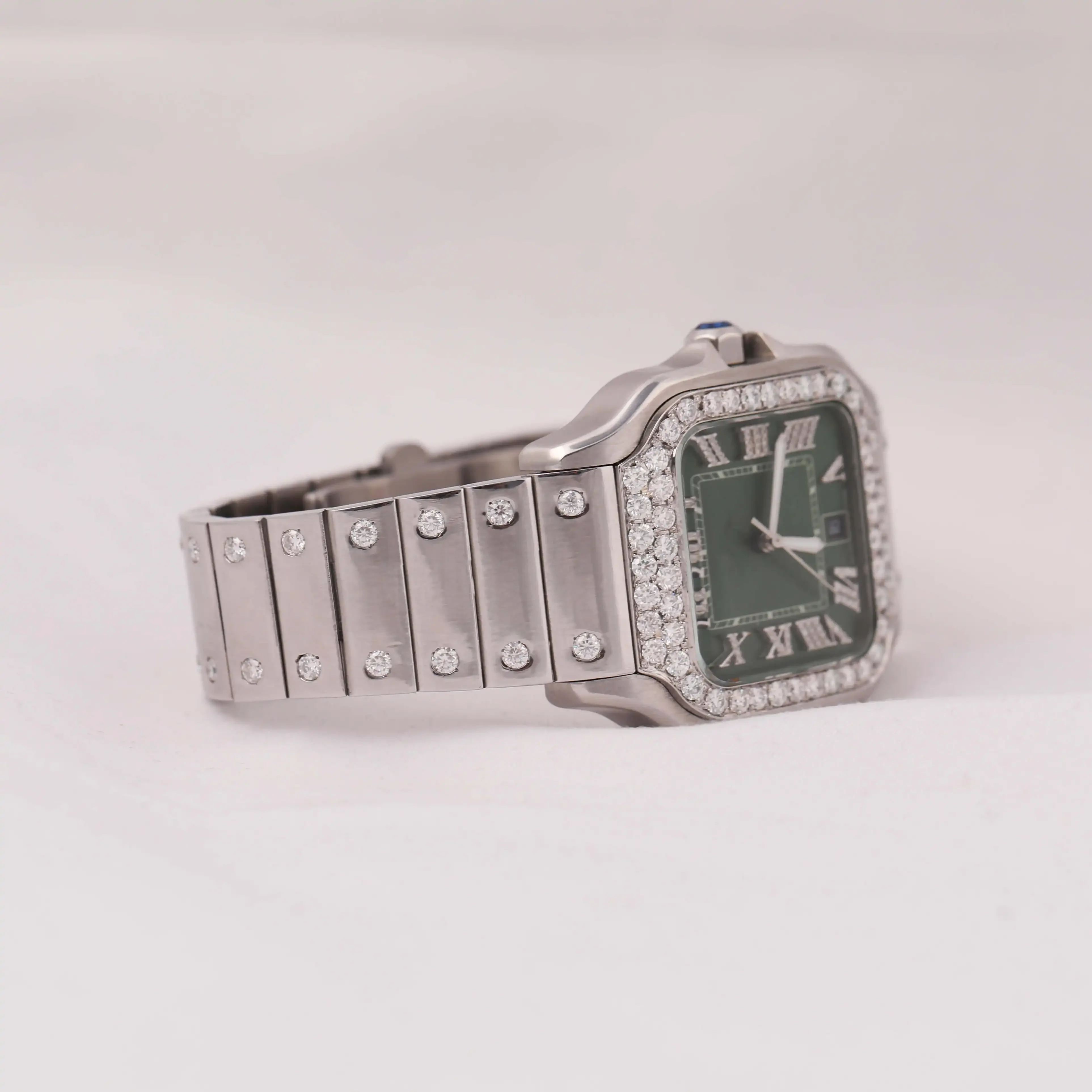 Army Green Fancy Dial Full Iced Out Round Moissanite diamond But Square Green dial With Classic Look This Watch Roman Numbers
