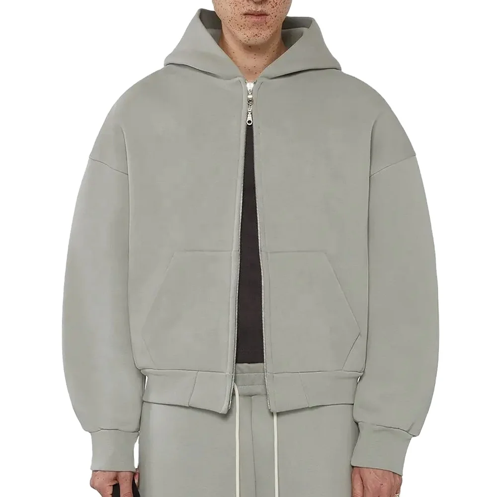 2024  custom logo high quality essentials 100% cotton fleece zipper hoodie boxy fit heavyweight cropped full zip up hoodie