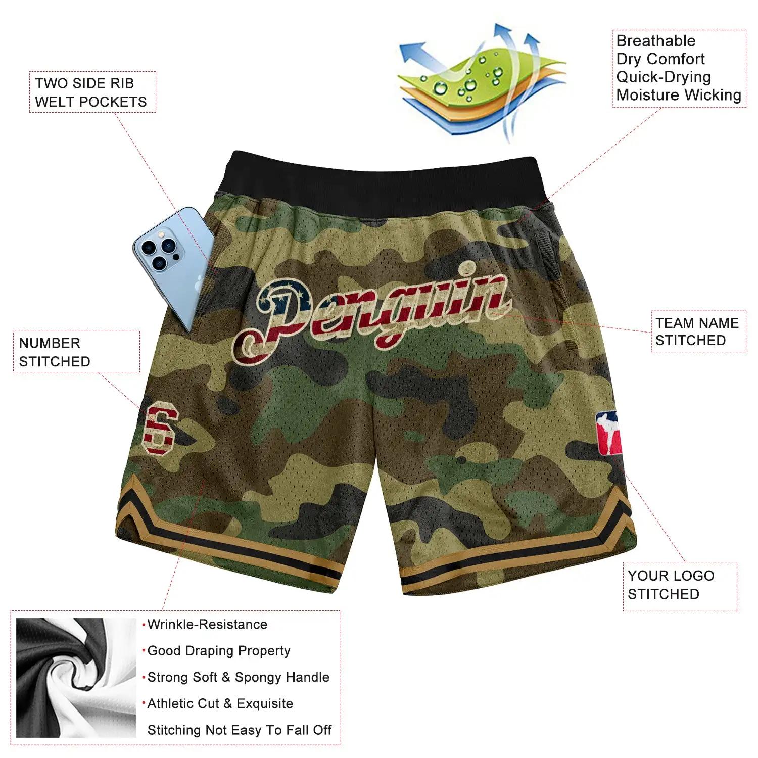 Custom shorts Camo Vintage USA Flag-Creem Authentic Salute To Service Basketball Shorts