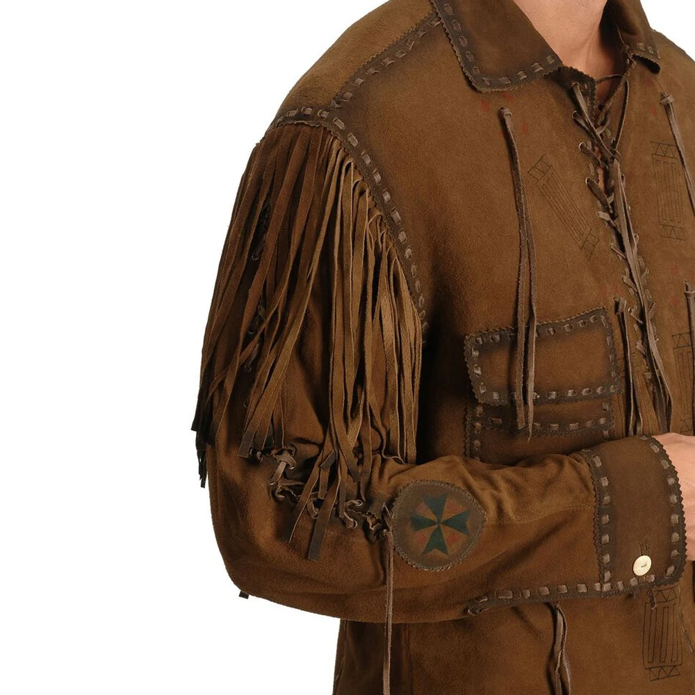 Western Style Cowboy Style Fringed & Beaded Hand Made Work Cow Suede Men Leather Shirt / Cowboy Suede Leather Jacket