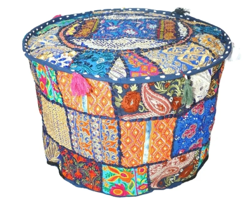 Latest Design Handmade Patchwork Home Decor Multicolor Indian Handmade Round Patchwork Pouf Floor Pillow Ethnic Pouf stool
