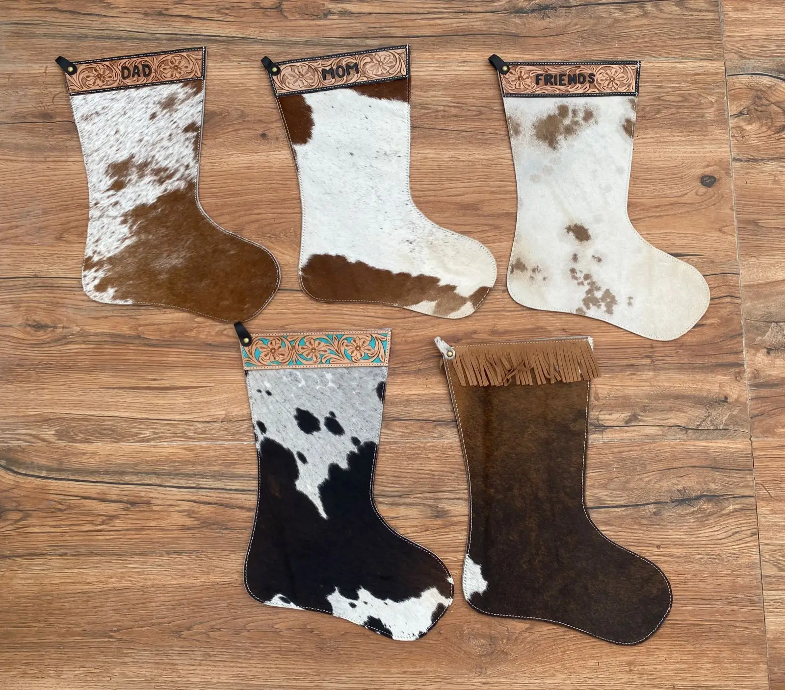 Premium Quality Hair On Cowhide Leather 16 Inches Christmas Stocking Full Grain Genuine Leather Fringe Christmas Tree Stockings