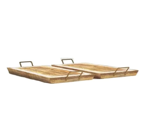 set of 2 piece decorative Wooden Serving trays with metal handle Breakfast Tray for Bed Ottoman Dinner Party & Multipurpose use