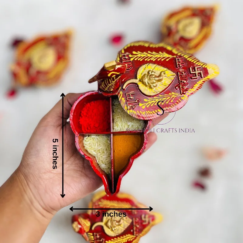 Handcrafted Wooden Tika Chopra in Peacock Shape With Meenakari Work Kumkum Box With 4 Section for Roli and Kumkum and Chandan