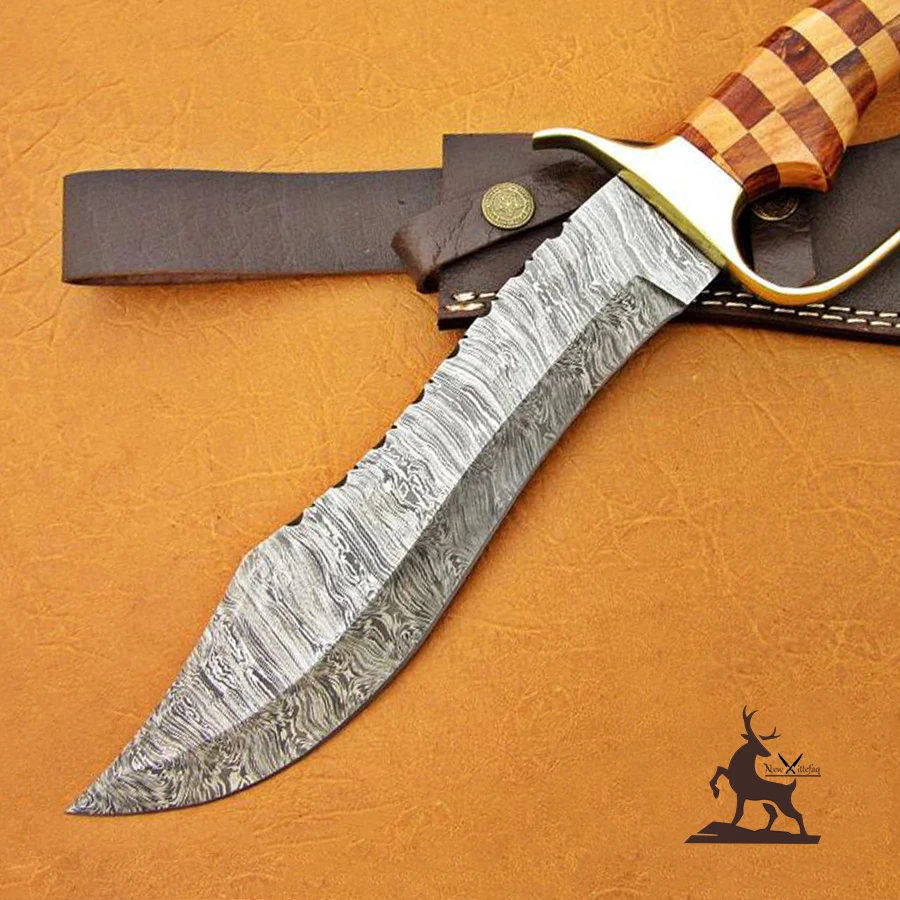 Custom handmade Damascus Hunting knife with brass guard and wood handle with leather sheath