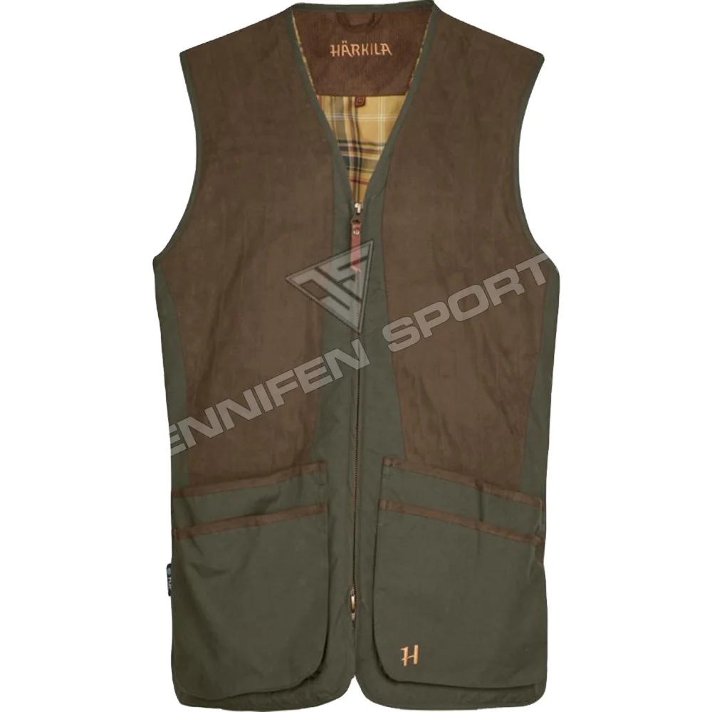 Durable Men Hunting Vest Shell Material Cotton Canvas/Synthetic Fabric Zipper Closing Side Pockets Inside Check Fabric Lining