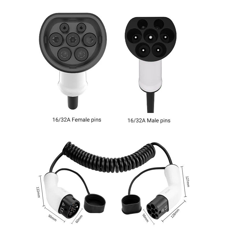 Workersbee 32A 3 phase 6m cable  length Coiled TPU cable for  Type 2 to Type 2 EV cable