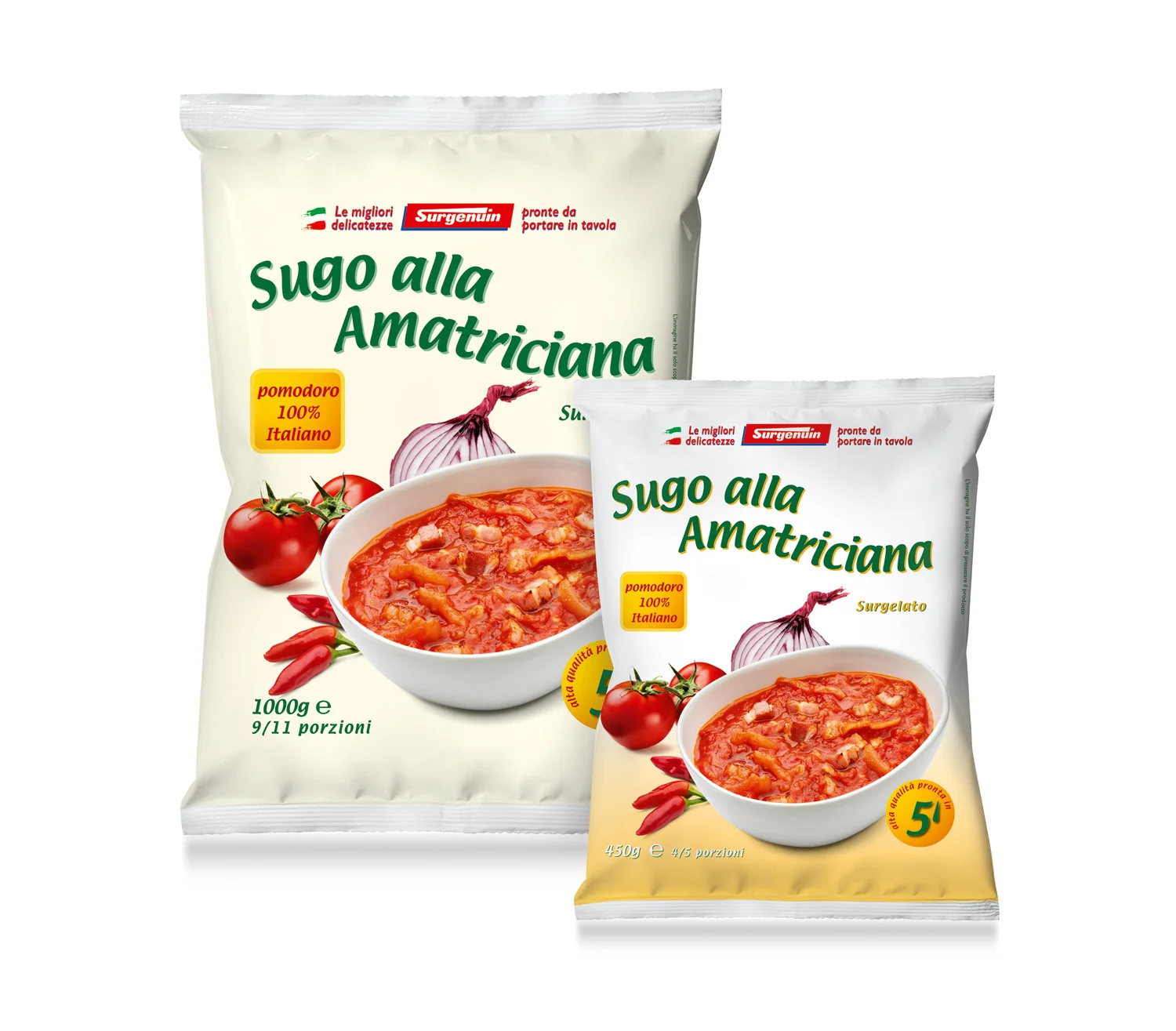Italian food products ready to eat ready meals frozen amatriciana with tomatoes sauce and bacon for pasta