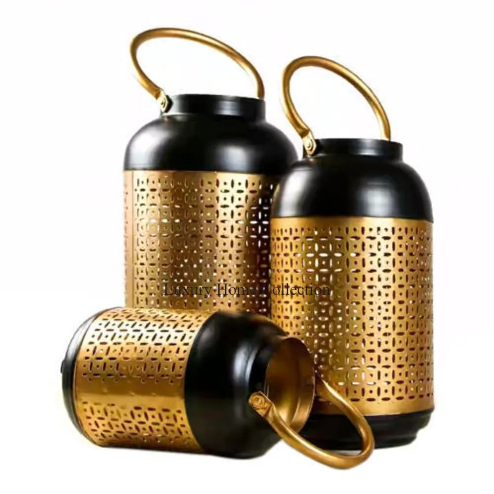 Gold And Black Color Fancy Look Lantern Set Of 3 Different Size Custom Logo Available At Best Price Decoration Luxurious Design