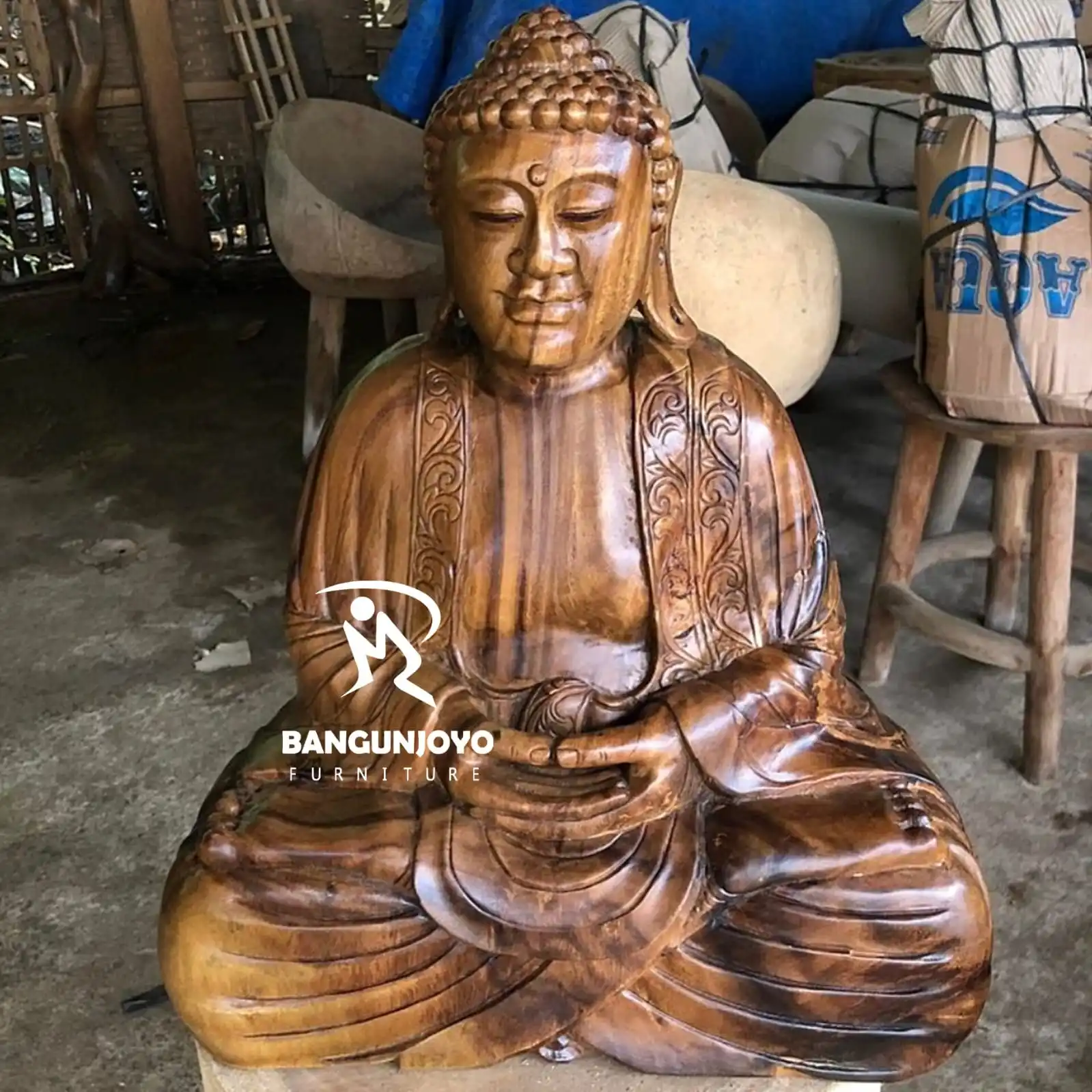 Meditating Buddha SUAR WOOD / MONKEY POD / SAMAN WOOD Temple Garden Statue Outdoor Sculpture Decorative