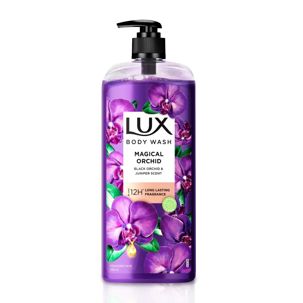LuxBody Wash Fragrant Skin Black Orchid Scent & Juniper Oil SuperSaver XL Pump Bottle Glycerine, Paraben Free, 750 ml