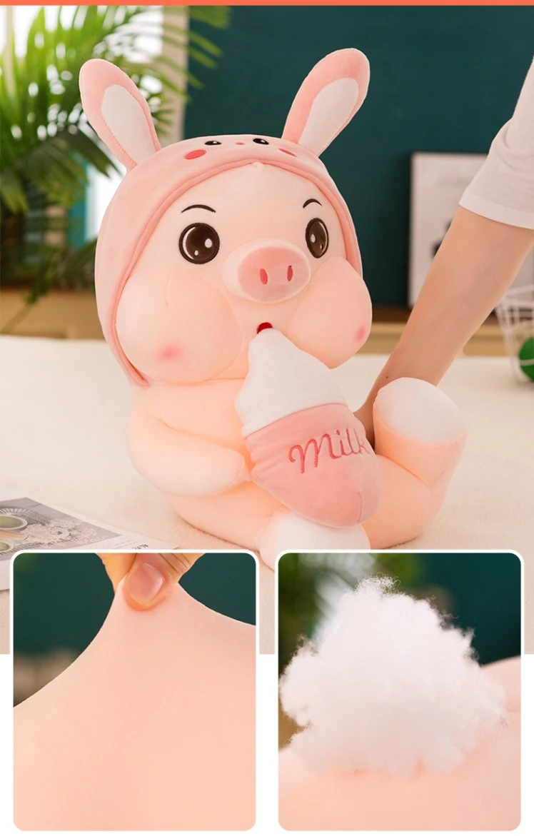 Giant Pig Toy Plush Pig Wholesale With Milk Tea Bottle Kawaii Stuffed Animals Soft Pink Pig Plush Toys