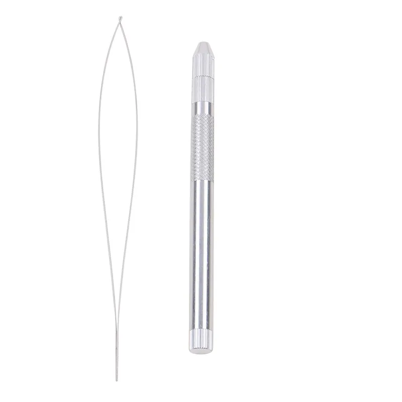 Hair Extensions Loop Needle Threader Wire Pulling Hook Tool Plastic Handle Pulling Loop Needle Micro Beads Threader for Hair Ext