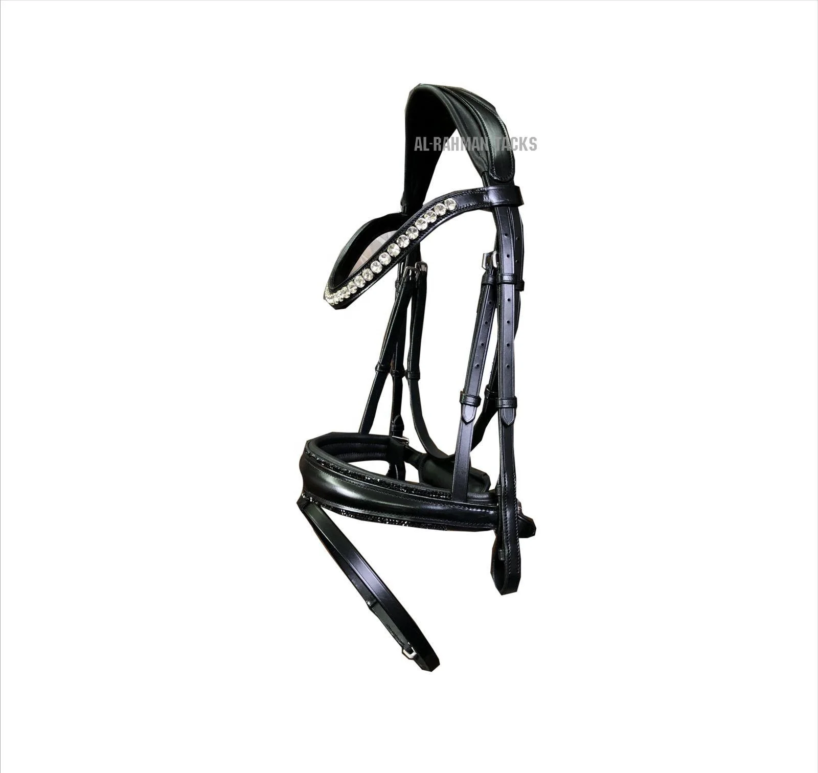 WHOLESALE BUY GENUINE HIDE RAISED LEATHER RHINESTONE STUDDED DRESSAGE BRIDLE WITH FLASH CHIN STRAP EXTRA WIDE COMFORT PADDINGS