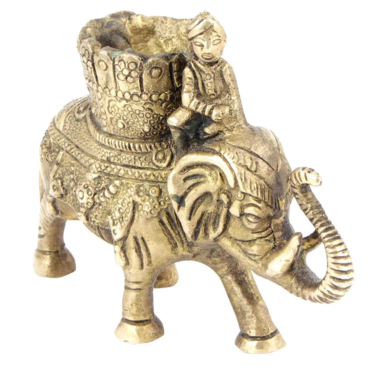 Handmade Indian Brass Golden Elephant with Mahawat Sculptures Figurine Statue Home Decor Gift Items Size: 10 x 13 cm SBA-491
