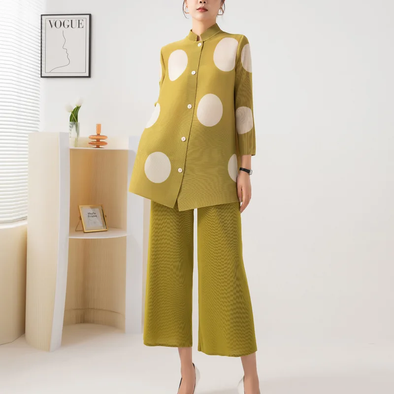 Высококачественная оптовая продажа одежды Miyake плиссированный комплект из 2 предметов один размер подходит всем женщинам топ и брюки