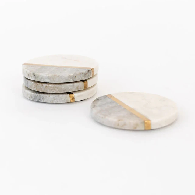 Best Seller White Marble and Wood Coaster set in Round Square Hexagon Durable Coffee Tea Coasters for Sale