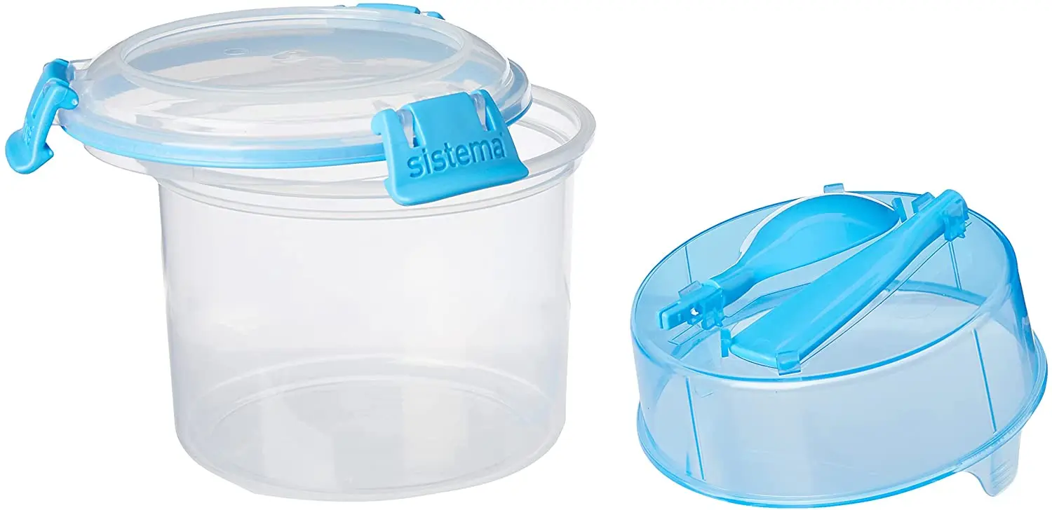 BPA Free Plastic Assorted Colour 530ml Breakfast Food Storage Container with Compartments and Spoon with Easy Locking Clips Lid