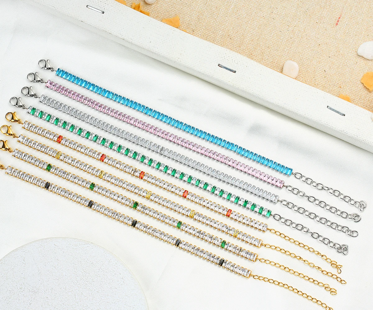 Wholesale Fine Luxury Fashion Jewelry Set Silver Gold Cubic Zirconia CZ Anklet Bangle Stainless Steel Tennis Bracelets for Women