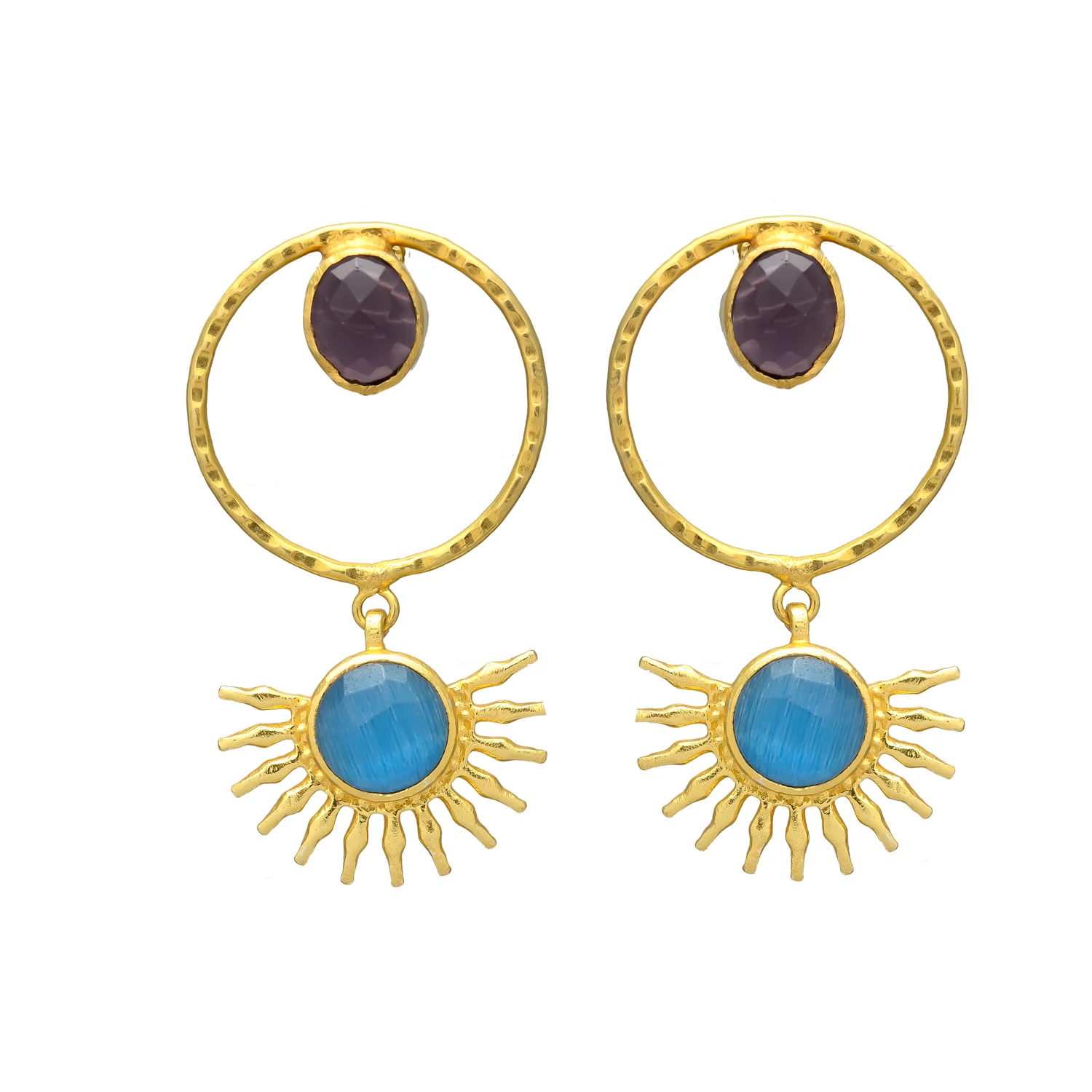 New arrival gold plated unique forestry design brown chalcedony gemstone brass earrings