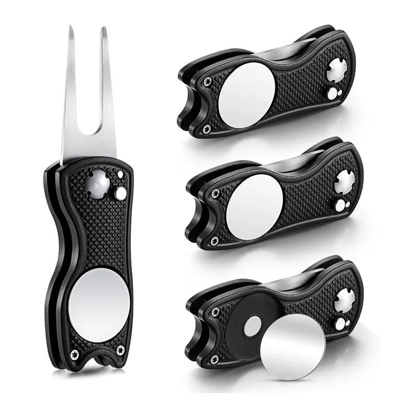 Retractable Switch Blade Stainless Steel Golf Divot Repair Tool Metal Golf Pitch Fork with Custom Ball Marker