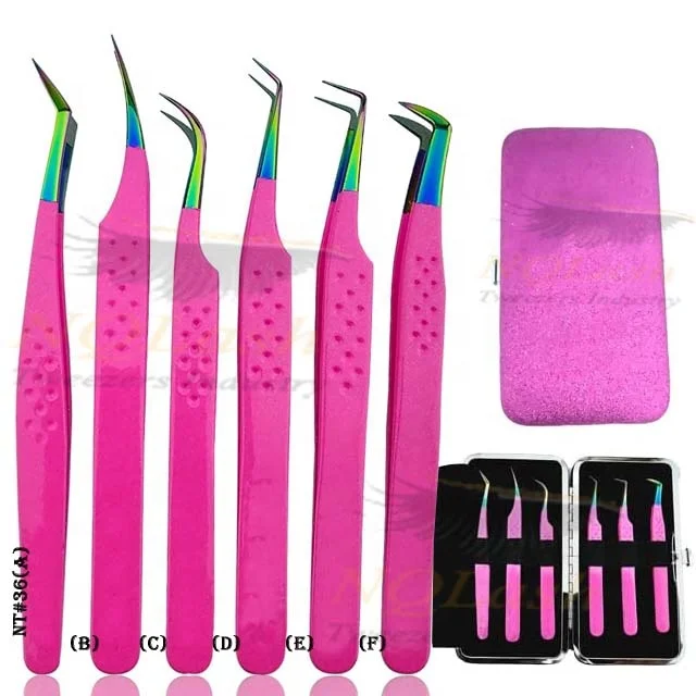 Rainbow Tip Pink Color Powder Coating Stainless Steel Eyelash Tweezers custom Heart Design Lash Tweezers NQLASH Tweezers