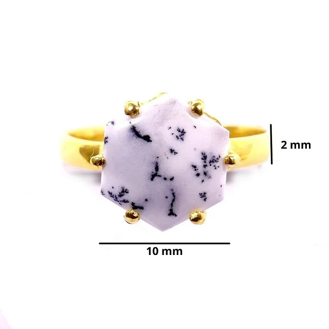 Sterling Silver 925 Fashionable and Pure Gold Plated Hexagon Dendrite Opal Precious Gemstones Rings. Trendy and Charm Rings