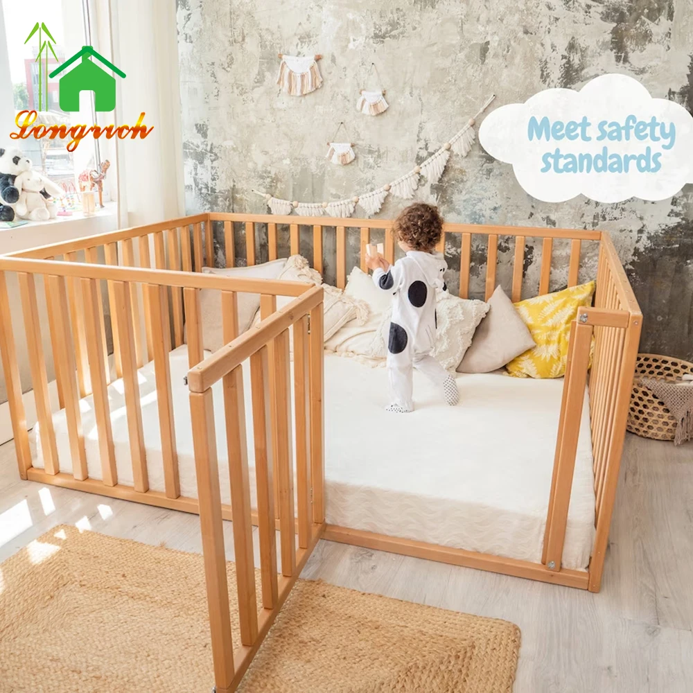 Custom wooden montessori girls stackable toddler bed with extra protection nursery decor bed with playpen