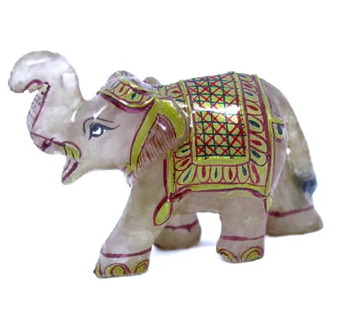 Buy Indoor Decorative Indian Handcrafted Rose Quartz Gemstone Hand-painted Elephant Statue Carving Figurine Make in India