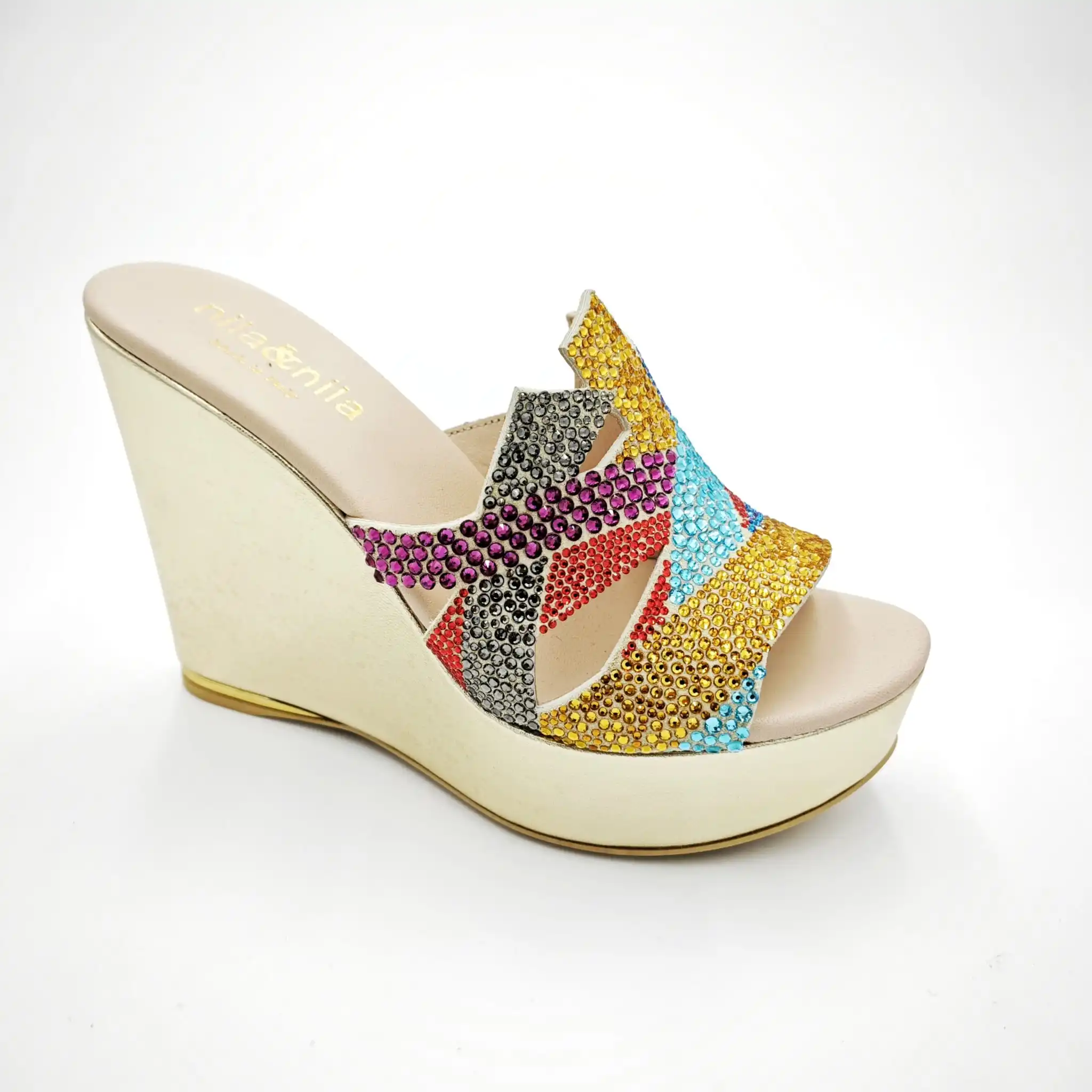 nila&nila ladies leather wedge sandal fashion 2024 ladies sandal with strass multicolor high wedge ladies sandal