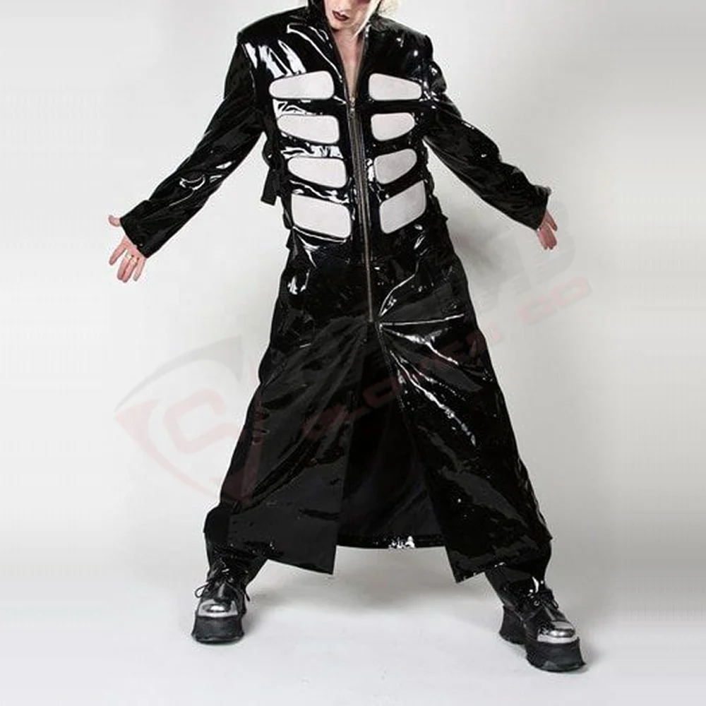Blacked Goth-fetished Leather Men Trenched Gothic-Coat