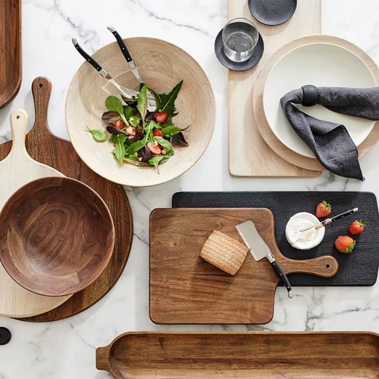 Handcrafted Acacia Wood Round Flat Fruit Pizza Serving board Wooden Cutting Board