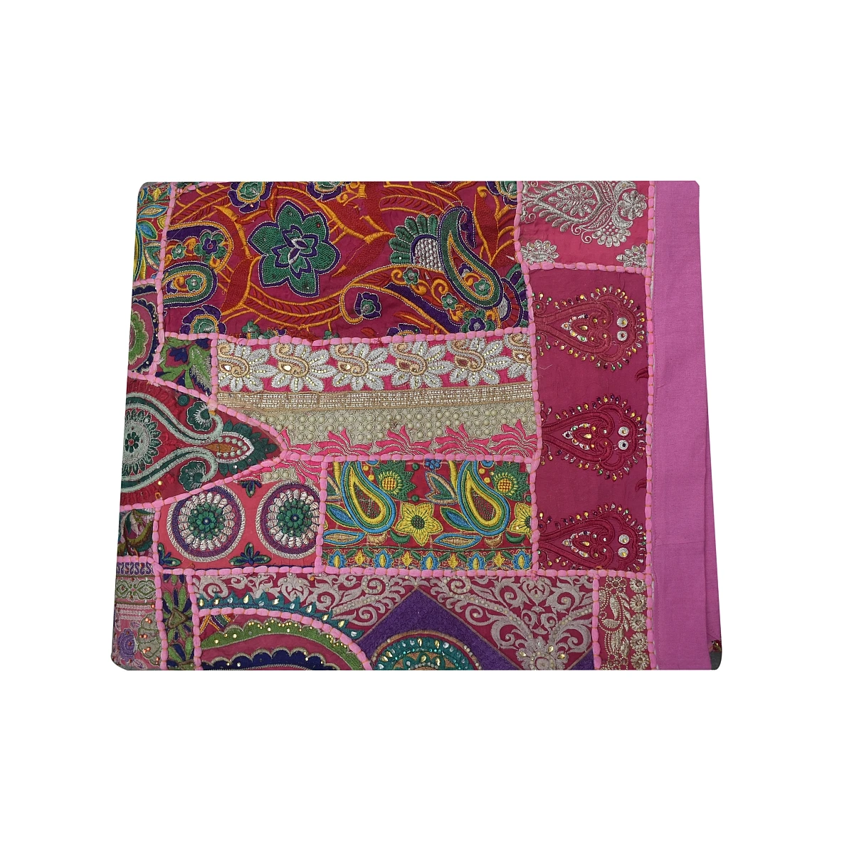 Indian queen size hand embroidery patchwork design pink color undying rare vintage sari quilt., throw and blanket