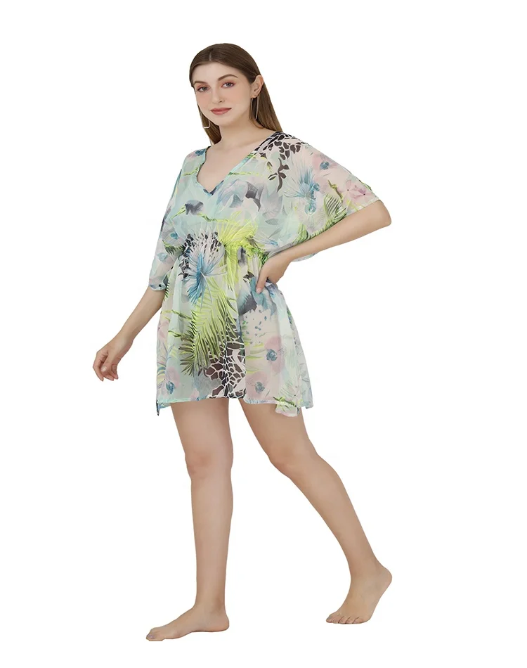 Latest design 100% poly-chiffon v-neckline short printed dress swim beach bikini cover-up swimwear beachwear 2023 caftan
