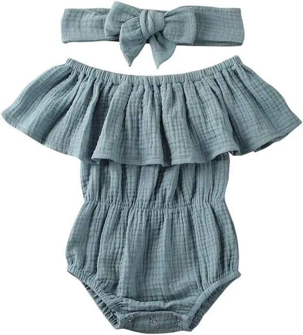 Baby Clothes OEM Newborn Infant Toddler Girls Clothes Solid Color Ruffle Organic Waffle Cotton rompers
