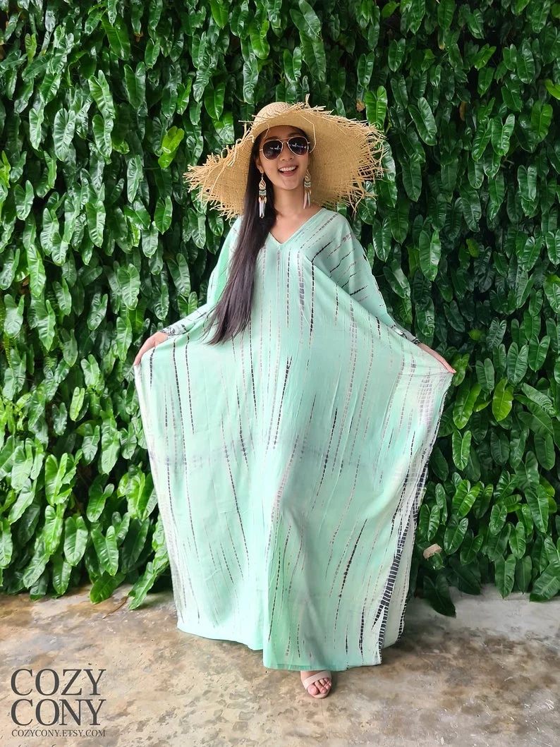 Indian Tie And Dye Hand Printed Sexy Sling Full Sleeves Woman Kaftan Butterfly Style Beachwear Bikini Cover Up Dress For Summer